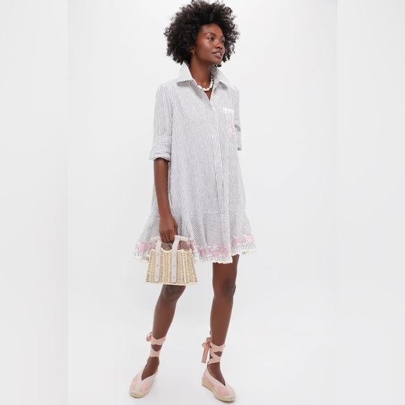 NWOT Tuckernuck Tan Stripe Embroidered Floral Callahan Shirt Dress – Medium - Picture 2 of 12